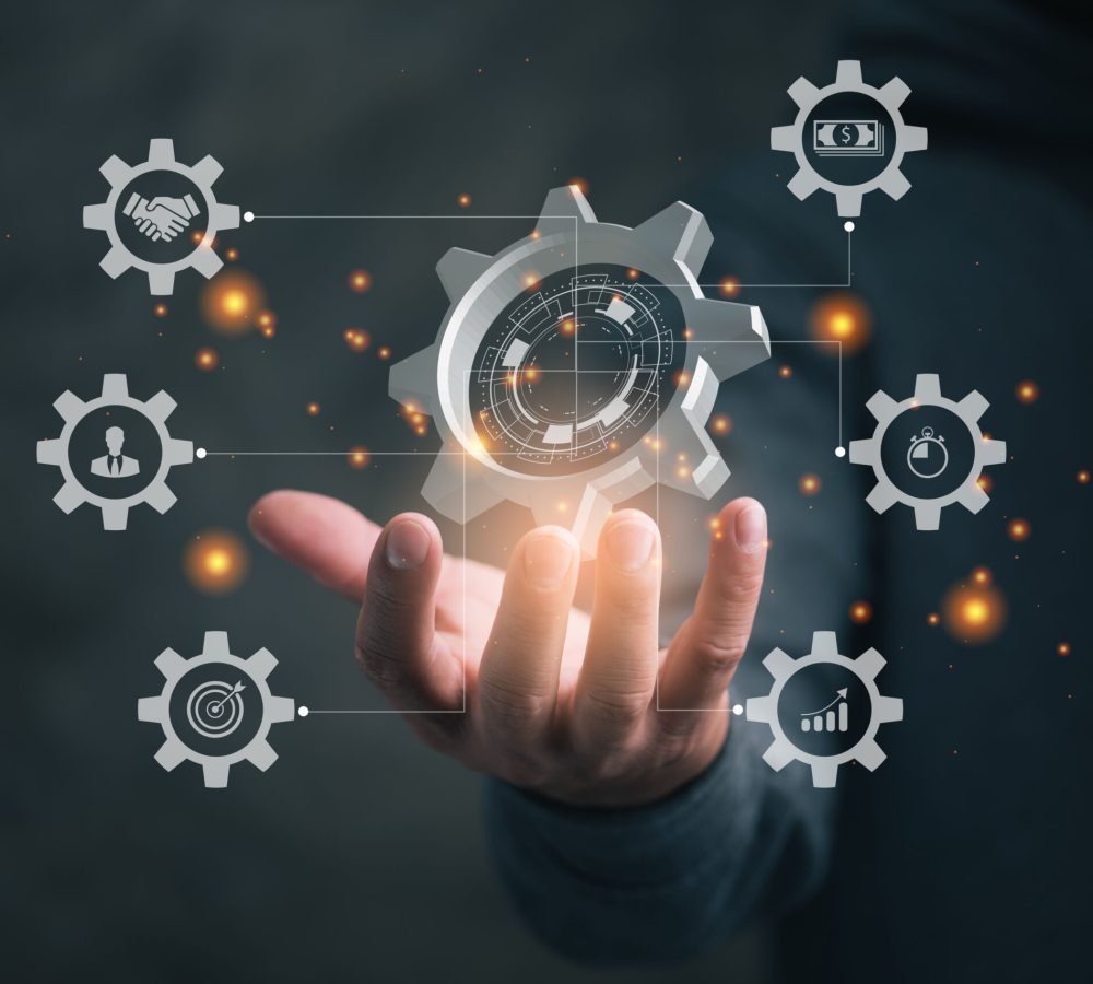 Business process management and workflow automation diagram with gears and icons with connection line network in background. Manager touching interface